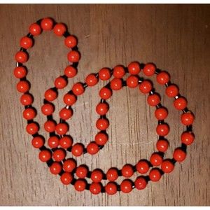 Vtg Unsigned 11 Inch Long Strand Red Round, Black Spacer Plastic Bead Necklace